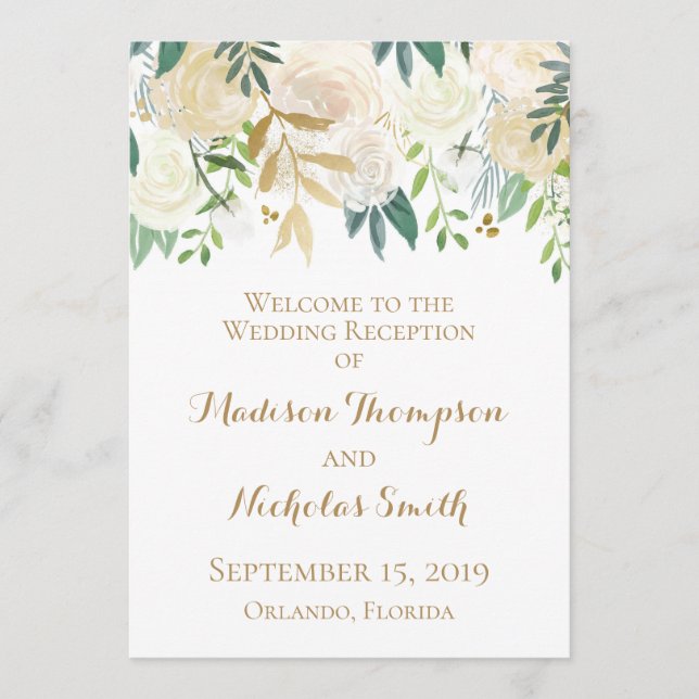 Gold and White Flower Wedding Reception Programs (Front)