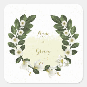 gold and white flowers greenery wreath wedding square sticker