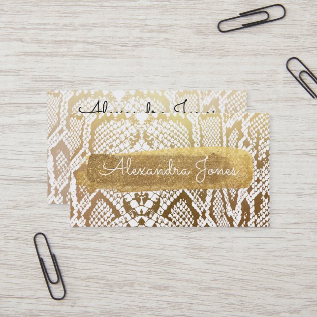 Gold and White Glitter and Sparkle Snake Skin Business Card (Front/Back In Situ)