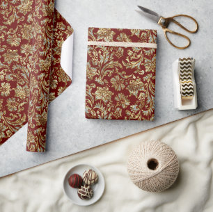 Gold and white glitter floral damask pattern wrapping paper