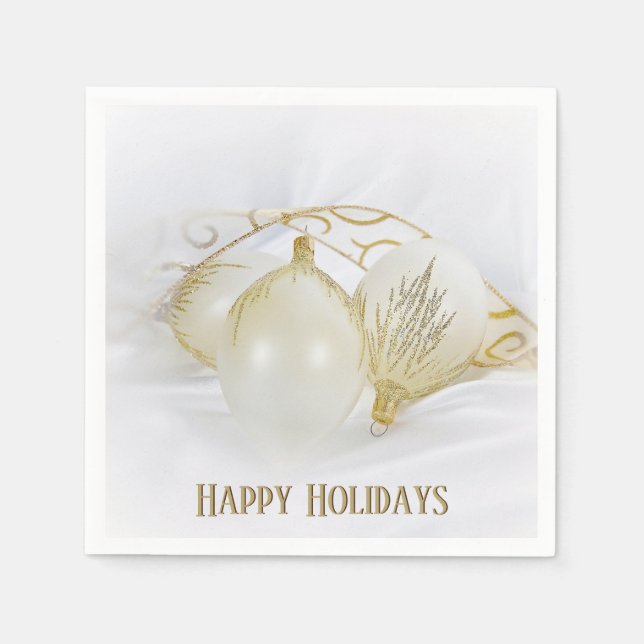 Gold and White Glitter Holiday Ornaments Napkin (Front)