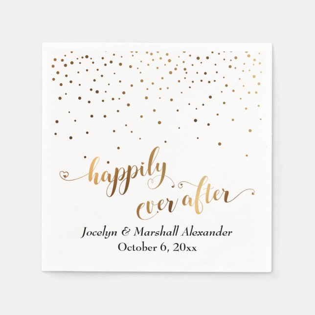 Gold and White Happily Ever After Hearts Confetti Napkin (Front)
