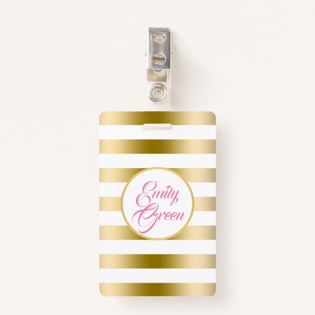 Gold And White Horizontal Stripes ID Badge (Front with Clip)