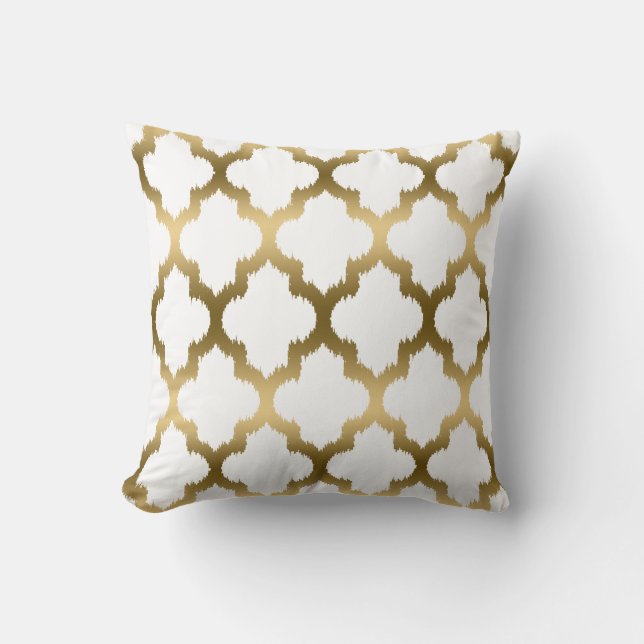 Gold And White Ikat Quatrefoil Geometric Pattern Cushion (Front)