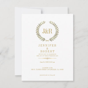 Gold and white laurel wreath wedding invite