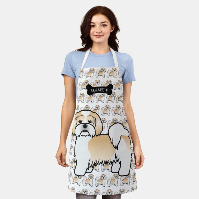 Gold And White Lhasa Apso Cartoon Dog & Name Apron (Worn)