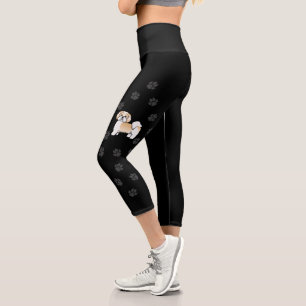 Gold And White Lhasa Apso Cartoon Dog & Paws Capri Leggings