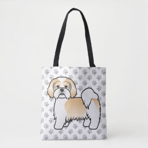 Gold And White Lhasa Apso Cartoon Dog & Paws Tote Bag