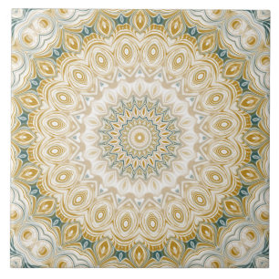 Gold and White Mandala Pattern with Teal Accents Ceramic Tile
