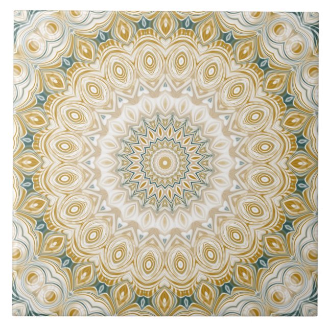 Gold and White Mandala Pattern with Teal Accents Ceramic Tile (Front)