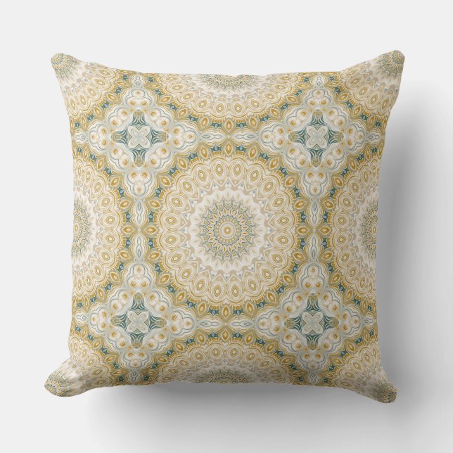Gold and White Mandala Pattern with Teal Accents Cushion (Front)