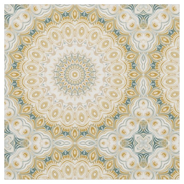 Gold and White Mandala Pattern with Teal Accents Fabric (Close Up)