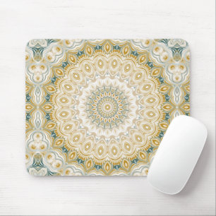 Gold and White Mandala Pattern with Teal Accents Mouse Pad