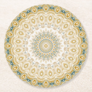Gold and White Mandala Pattern with Teal Accents Round Paper Coaster
