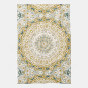 Gold and White Mandala Pattern with Teal Accents Tea Towel
