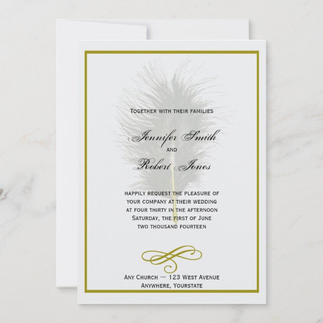 Gold and White Marabou Feather Wedding Invitation (Front)