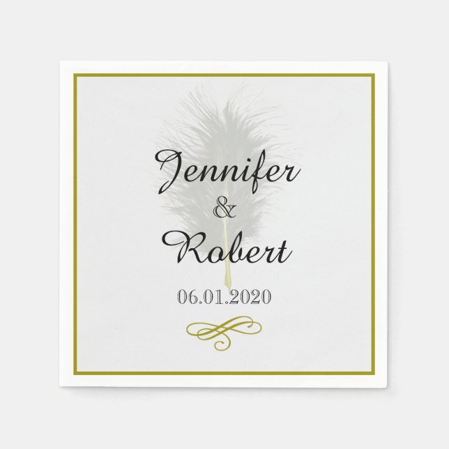 Gold and White Marabou Feather Wedding Napkin (Front)