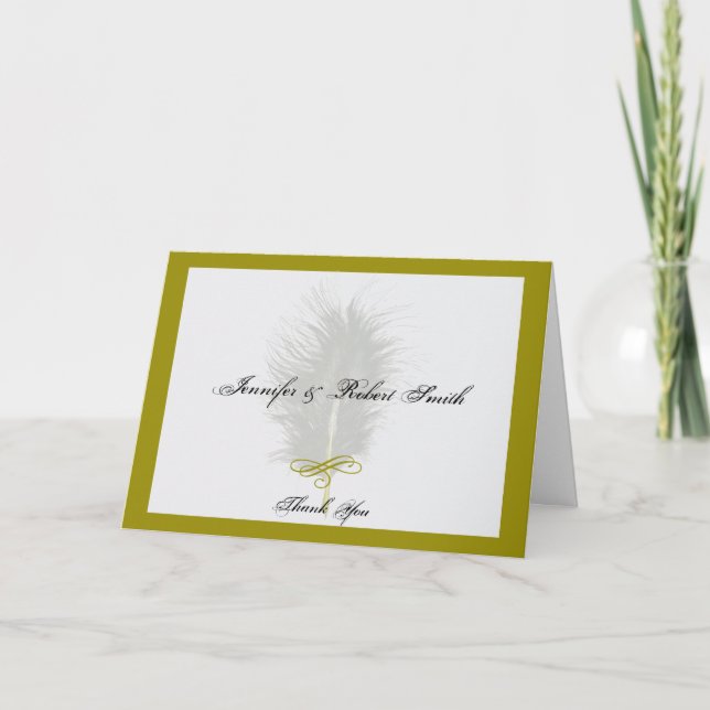 Gold and White Marabou Feather Wedding Thank You Card (Front)