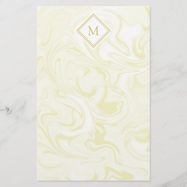 Gold and White Marble look with Diamond Monogram Stationery (Front)