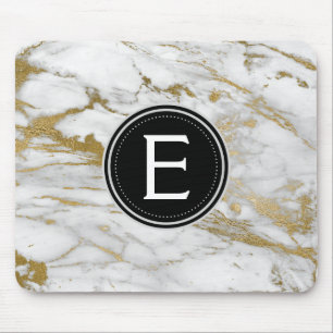 Gold and White Marble Monogrammed Modern Mouse Pad