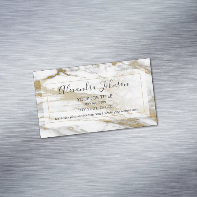 Gold and White Marble Stone Professional Modern Magnetic Business Card (In Situ)