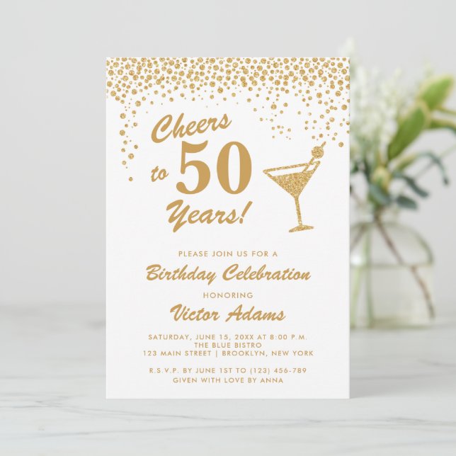 Gold and White Martini Birthday Invitation (Standing Front)