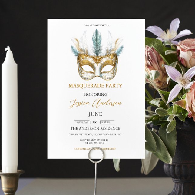 Gold and white mask Masquerade Party Birthday Invitation (Creator Uploaded)