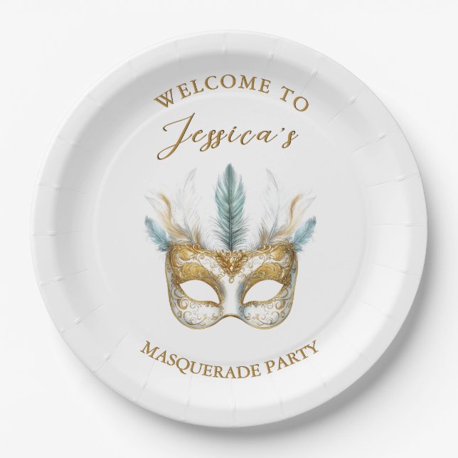 Gold and white mask Masquerade Party Birthday Paper Plate (Front)