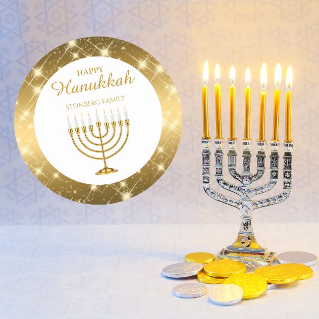 Gold and White Menorah Jewish Happy Hanukkah Classic Round Sticker (Creator Uploaded)