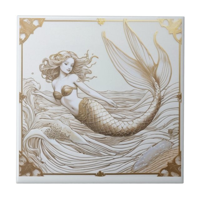 Gold and White Mermaid & Ocean Waves Right facing Ceramic Tile (Front)