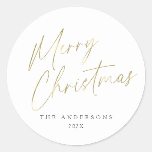 Gold and White Merry Christmas Script Photo Classic Round Sticker