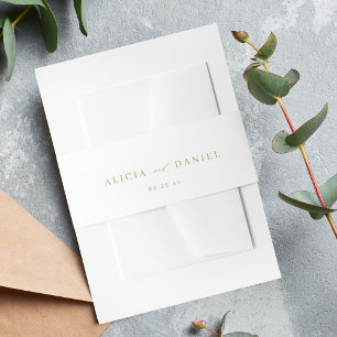 Gold and white minimal script wedding invitation belly band