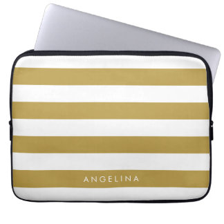 Gold and White Modern Striped Pattern Custom Name Laptop Sleeve