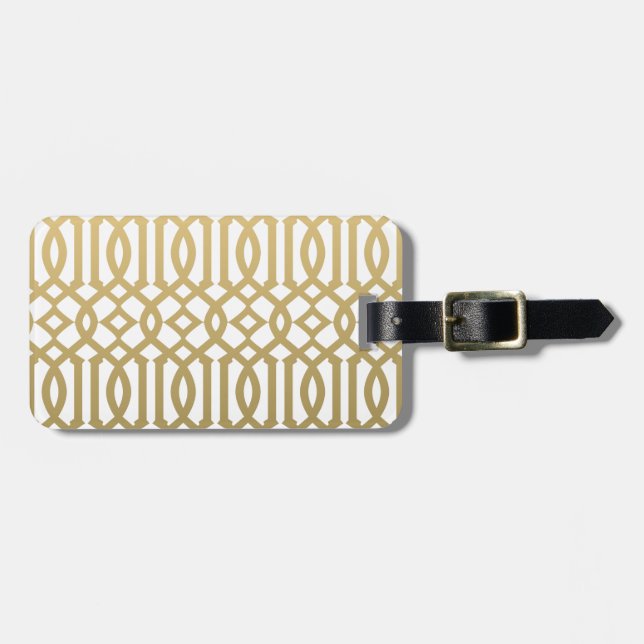 Gold and White Modern Trellis Pattern Luggage Tag (Front Horizontal)
