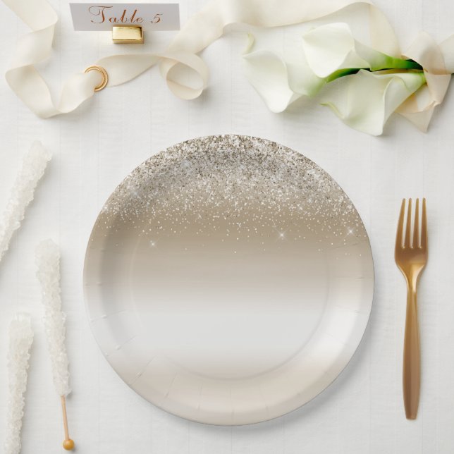 Gold and White Ombre Glittery Glitz Paper Plate (Wedding)