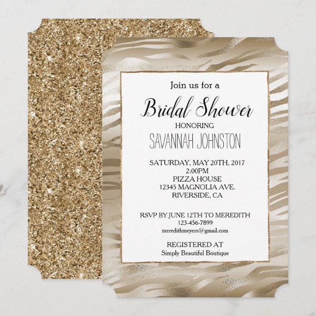Gold and White Ombre Zebra Animal Bridal Shower Invitation (Front/Back)