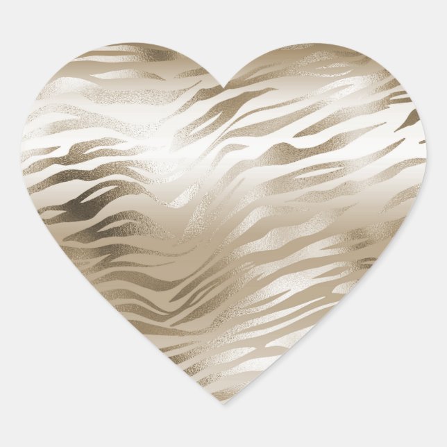 Gold and White Ombre Zebra Animal Print Heart Sticker (Front)