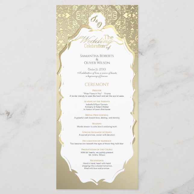 Gold and White ornate Monogram Wedding Program (Front)