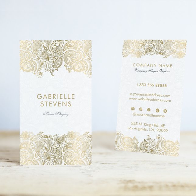 Gold and White Paisley Floral Lace Business Card (Creator Uploaded)