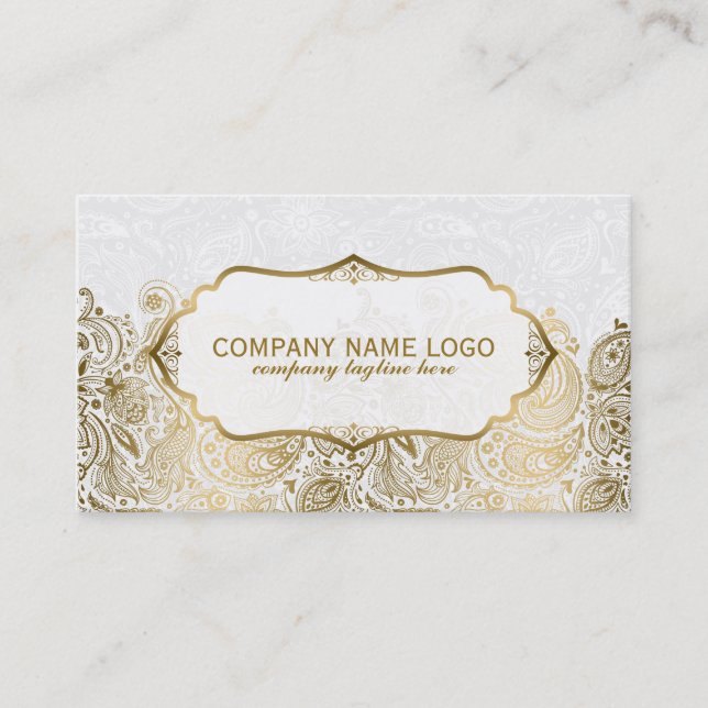 Gold And White Paisley Lace Business Card (Front)