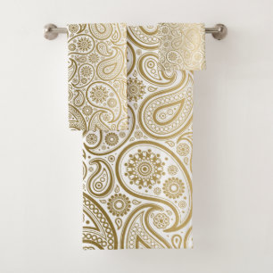 Gold and white paisley pattern bath towel set
