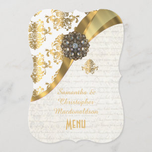 Gold and white parchment damask wedding menu