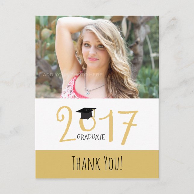 Gold and white, Photo Graduation Thank You Postcard (Front)