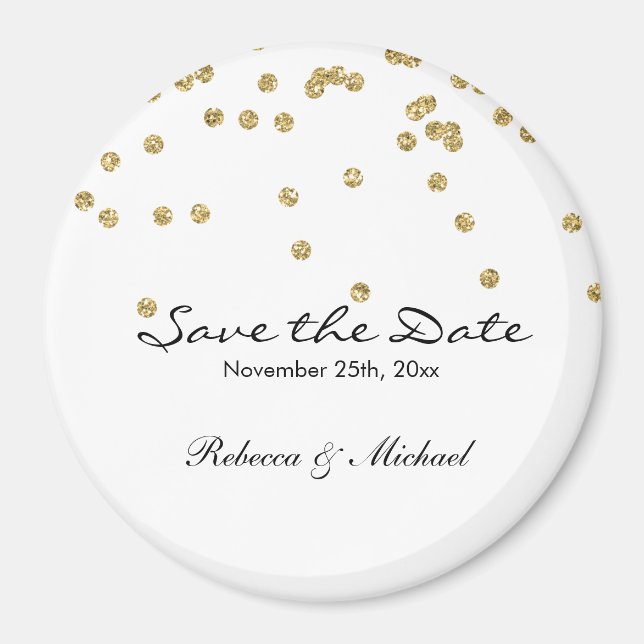 Gold and White Polka Dots Glitters Save the Date Magnet (Front)