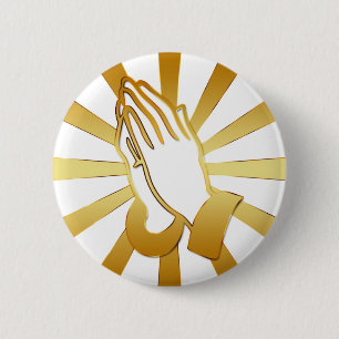 GOLD AND WHITE PRAYING HANDS 6 CM ROUND BADGE