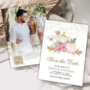 Gold and White Pumpkin Pink Floral Wedding Photo Save The Date