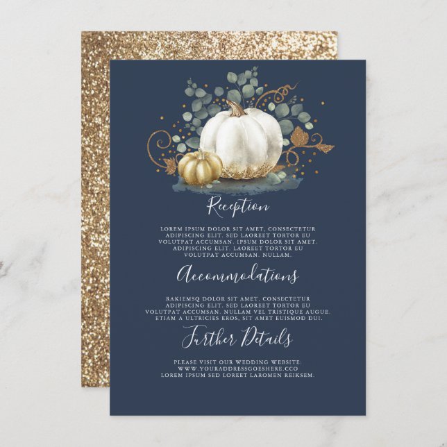 Gold and White Pumpkin Wedding Details Information Enclosure Card (Front/Back)