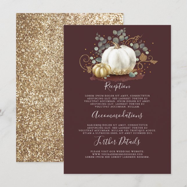 Gold and White Pumpkin Wedding Details Information Enclosure Card (Front/Back)