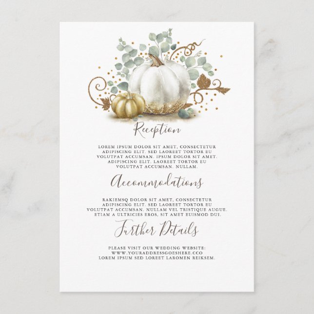 Gold and White Pumpkin Wedding Details Information Enclosure Card (Front)