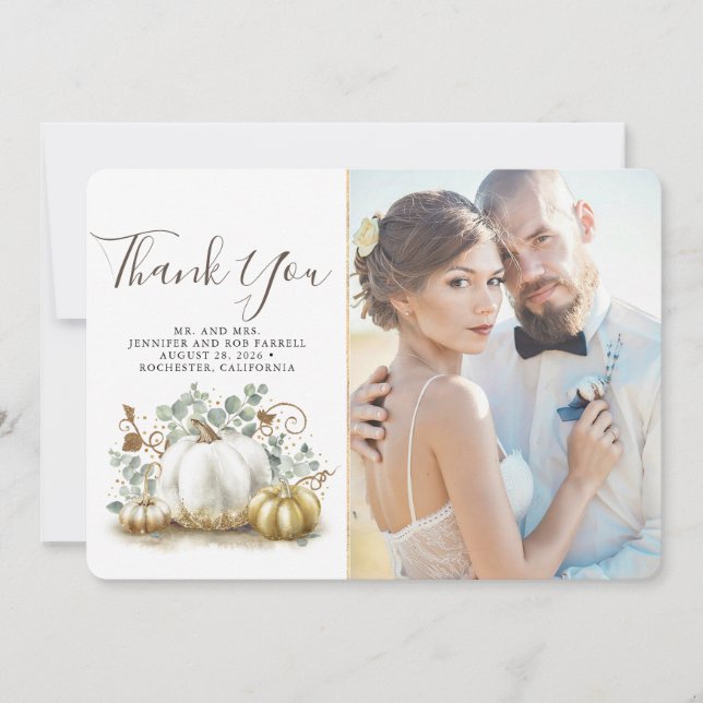 Gold and White Pumpkins Fall Wedding Thank You Card (Front)